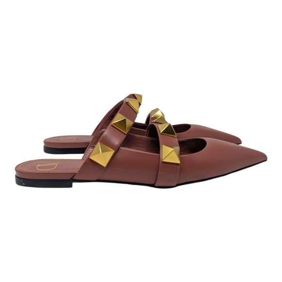 Valentino Garavani Roman stud leather pointed toe flat mule gold brown 38 - Picture 4 of 13